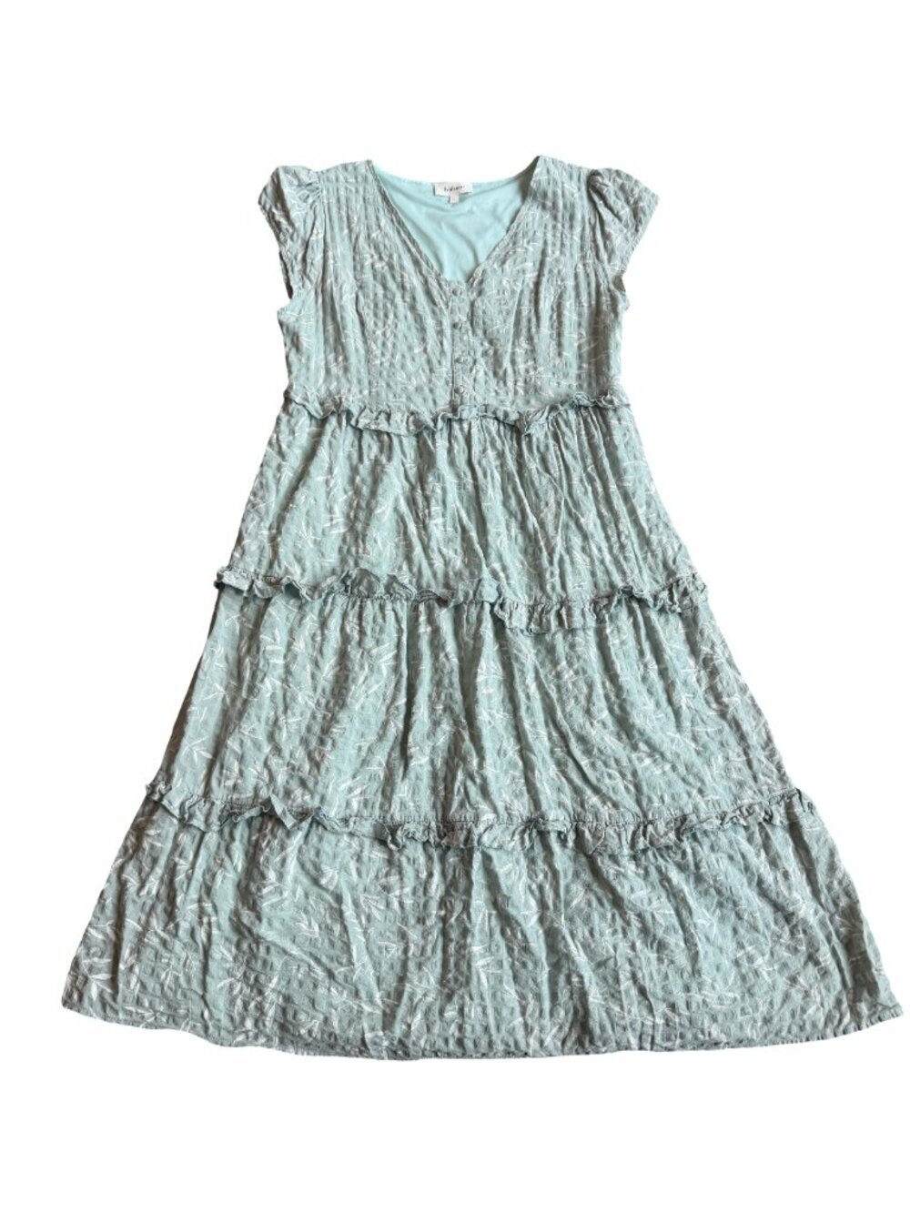Bohme Mint Tiered Shift Dress Short Sleeve White Leaf Print Boho Size Large